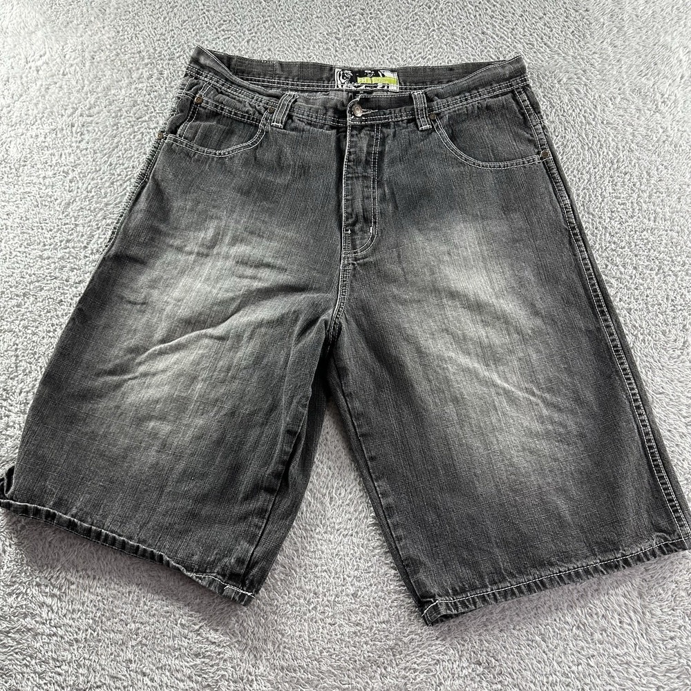 VINTAGE Fubu FH Baggy Jorts Mens 36 Black Gray‎ Faded Hip Hop Y2K Streetwear